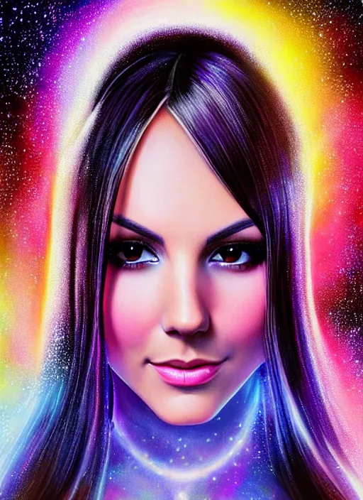 Image similar to elegantly sweet Victoria Justice as empress of pulsar stars. ultra detailed painting at 16K resolution and amazingly epic visuals. epically beautiful image. amazing effect, image looks gorgeously crisp as far as it's visual fidelity goes, absolutely outstanding. vivid clarity. ultra. iridescent. mind-breaking. mega-beautiful pencil shadowing. beautiful face. Ultra High Definition. godly shading diffusion. amazingly crisp sharpness. photorealistic 3D rendering on film cel processed twice..