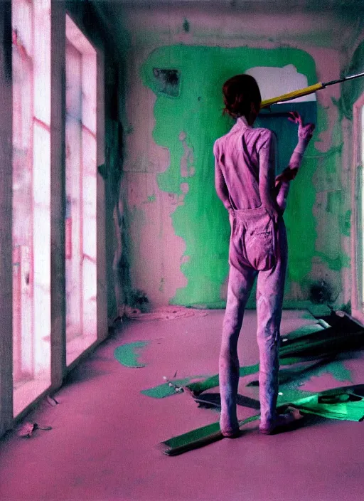 Image similar to a skinny, starving artist wearing overalls, painting the walls inside a deserted chernobyl chamber, hauntingly surreal, highly detailed painting by francis bacon, edward hopper, adrian ghenie, gerhard richter, and james jean, soft light 4 k in pink, green and blue colour palette, science fiction, highly detailed