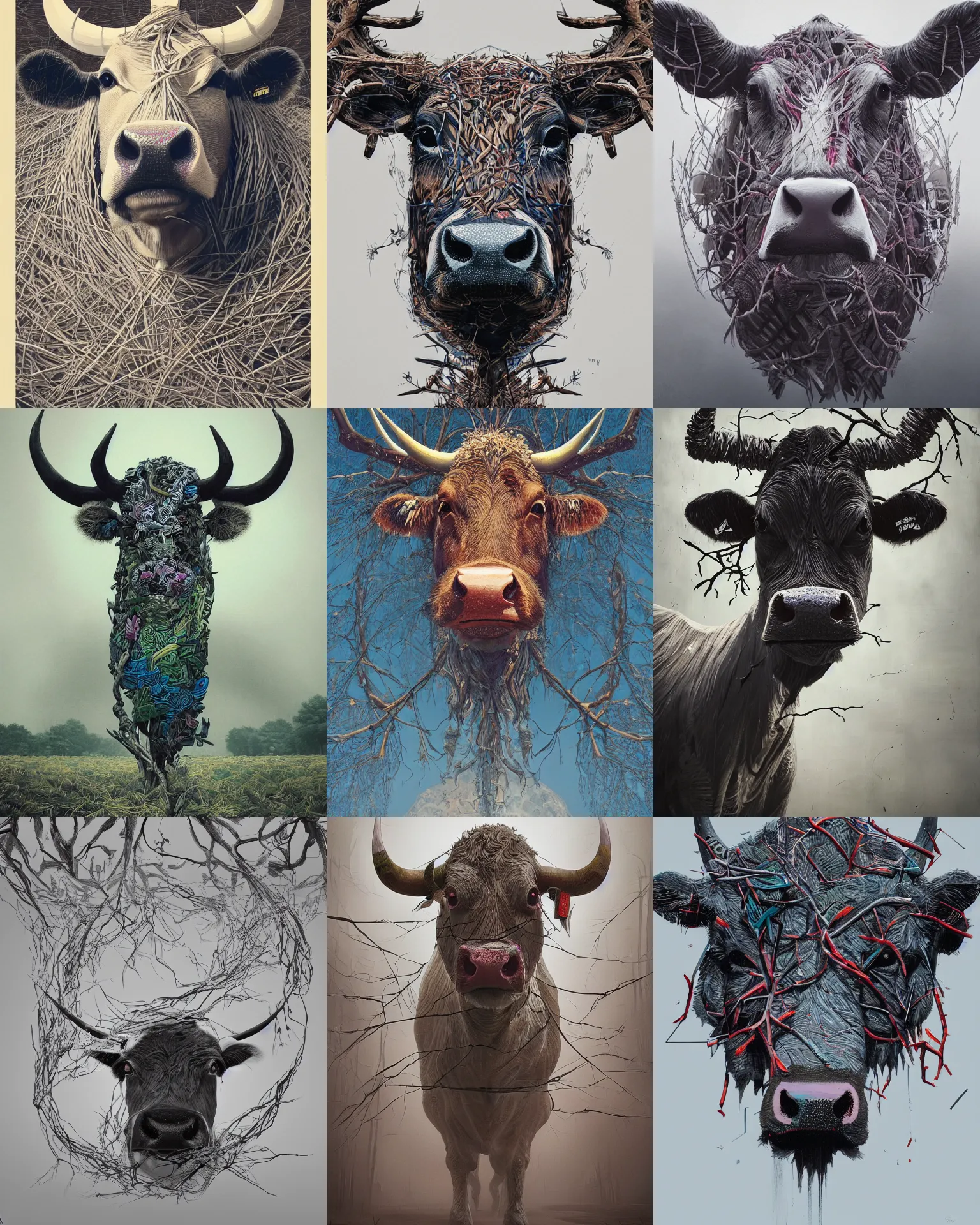 Prompt: cow made of branches. intricate abstract. intricate artwork. by tooth wu, wlop, beeple, dan mumford. trending on artstation, greg rutkowski very coherent symmetrical artwork. cinematic, hyper realism, high detail, octane render, 8 k, iridescent accents