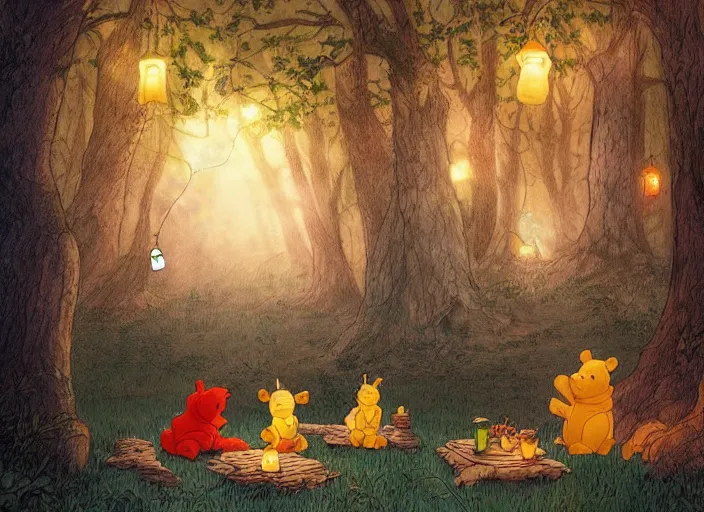 Image similar to concept art of a birthday party in the woods at night with winnie the pooh characters, paper lanterns and fairy lights, detailed, realistic, cel shaded, in the style of makoto shinkai and moebius and peter mohrbacher and james gurney