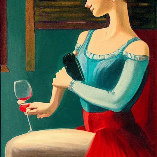 Image similar to painting of a ballerina drinking wine in a teal room, red background