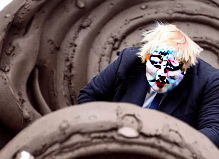 Image similar to boris johnson as baron harkonnen in a black oil bath in a still from the film Dune (2021)