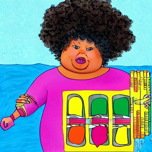 Image similar to a fat girl with a big afro sitting in a boat who is eating crayons
