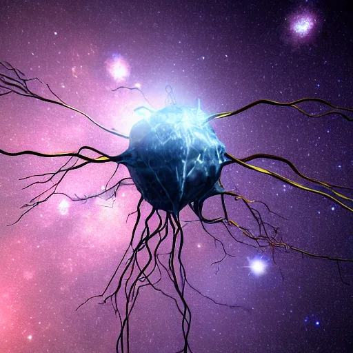 Image similar to neuron made of steel in space with hubble background, vray, 5 5 mm