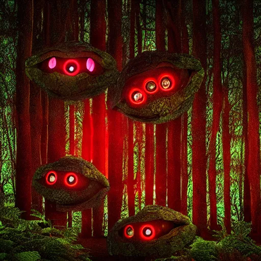 Image similar to An octane render of many pairs of glowing red eyes in a dark forest