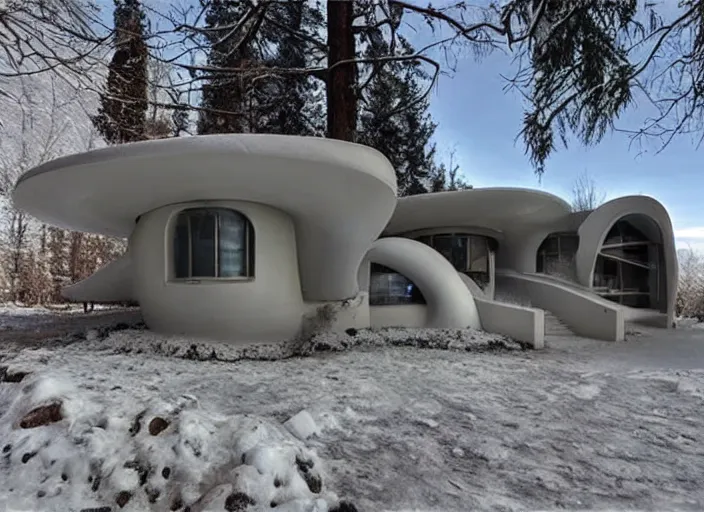 Prompt: zillow listing of a retro futuristic science fiction home for sale on a weird ice planet