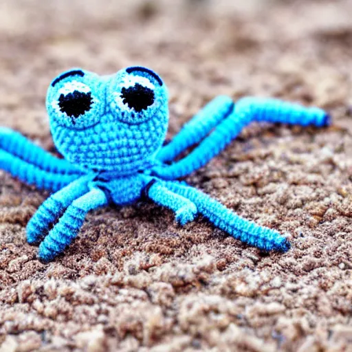 Prompt: cute fluffy light blue color spider with short arms and big eyes crochet doll standing on sand, hyperrealistic photograph, highly detailed, tactile, 8k, close up, macro