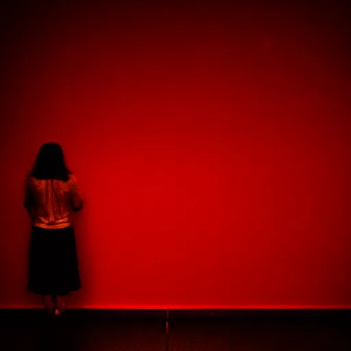 Prompt: she sees her shadow outlined in red light along the floor below