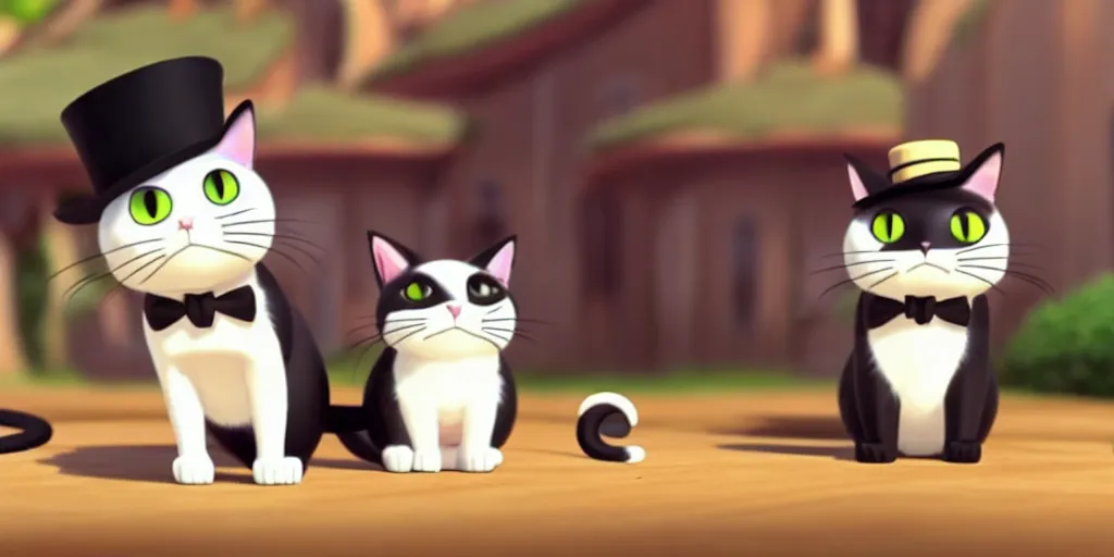 Image similar to a wholesome animation key shot of a cute cat with a monocle and top hat studio ghibli pixar and disney animation sharp render