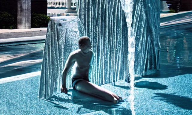 Prompt: full shot of a water sculpture of a man, photorealistic, cinematic lighting, 8 k, extremely detailed photograph by helmut newton