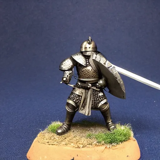 Image similar to bjorn of backwater - honorable knight of francia, standing with his blue shield at the ready and a short sword in his hand