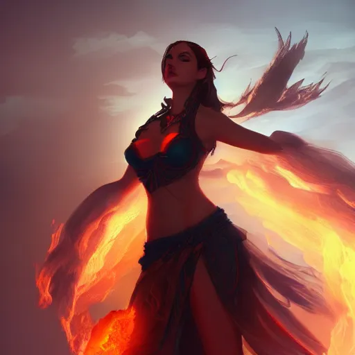 Image similar to beautiful goddess of fire stands in her power, 8k resolution matte fantasy painting, cinematic lighting, DeviantArt Artstation, by Ross Tran