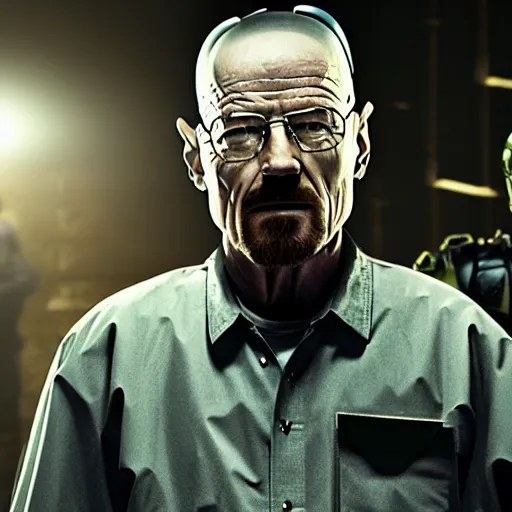 Prompt: Film still of Walter White with cybernetic battle armor in new Breaking bad movie, highly detailed, 4k