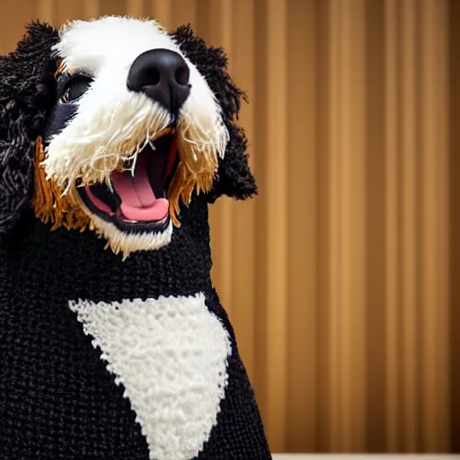 Image similar to a closeup photorealistic photograph of a cute smiling knitted bernedoodle judge dog dressed in a black gown, presiding over the courthouse. indoors, professional capture, well lit shot. this 4 k hd image is trending on artstation, featured on behance, well - rendered, extra crisp, features intricate detail, epic composition and the style of unreal engine.