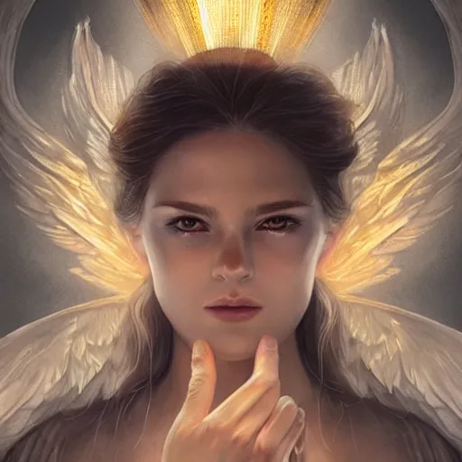 Prompt: angel of glory, sharp face, cinematic lighting, glowing golden eyes, hyper-detailed, cgsociety, 8k, high resolution, in the style of Charlie Bowater, Tom Bagshaw, single face, symmetrical, headshot photograph, insanely detailed and intricate, beautiful, elegant, watercolor, cinematic, portrait, Raphaelite, headroom, artstation