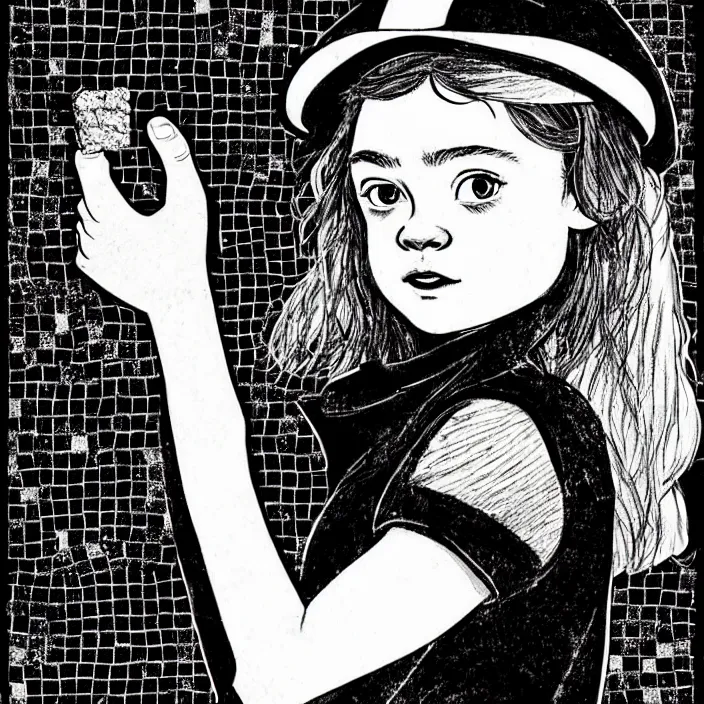 Image similar to extreme close - up on sadie sink as a miner : she lifts a slice of bread with her hand, looks at it. background : black tiles!! on walls. black and white, pencil and ink. by gabriel hardman, joe alves, chris bonura. cinematic atmosphere, detailed and intricate, perfect anatomy