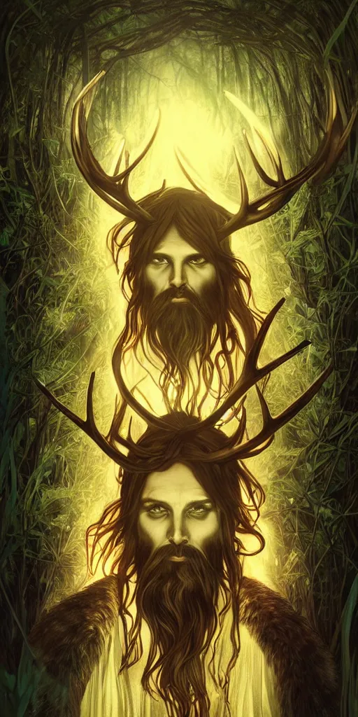 Prompt: intense bioluminescent glowing pagan god with antlers and pure black eyes and long beard in very dark forest by artgerm and alphonse mucha, portrait, fantasy, clear, light beams, lens flare, intense, uhd, amazing depth, cinematic lighting