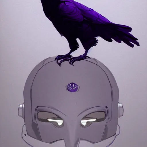 Image similar to self portrait of a humanoid raven with a helmet in the shape of a beak. purple and black body armor, digital art, realistic, ultradetailed, concept art in the style of Science Fiction. art by Syd Mead and Moebius, trending on artstation, devianart, cgsociety