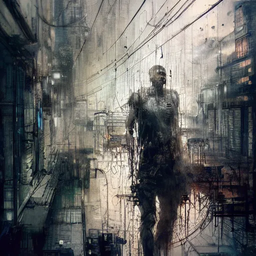 Image similar to screaming cyberpunk, wires, machines by emil melmoth zdzislaw belsinki craig mullins yoji shinkawa realistic render ominous detailed photo atmospheric by jeremy mann francis bacon and agnes cecile ink drips paint smears digital glitches glitchart