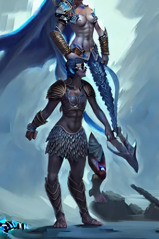 Image similar to a small blue-skinned triton girl wearing scale armor riding on a the shoulders of a large male goliath wearing fur and leather armor, dnd concept art, painting by ross tran and Tyler Jacobson