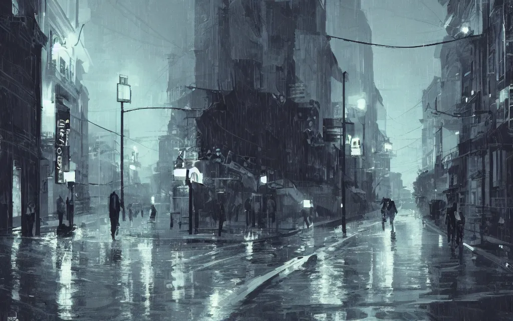 Image similar to concept art, wet helsinki street at night by roger deakins, in the style of syd mead and liam wong