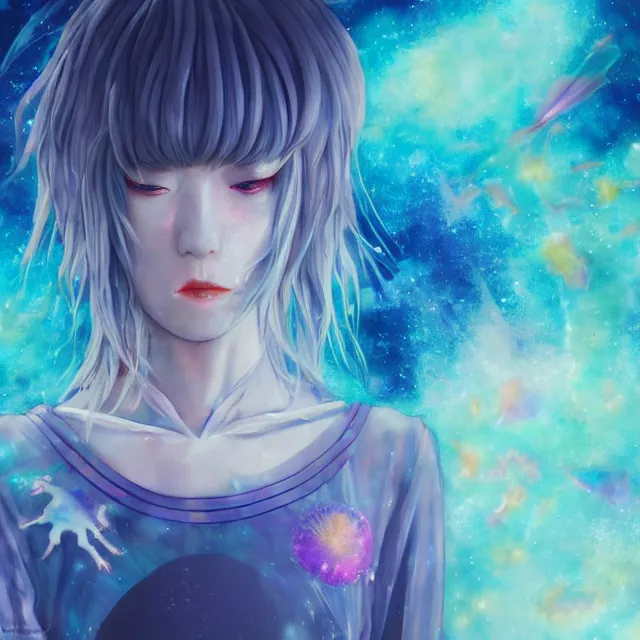 Image similar to rei ayanami, deep space, seascape, grimes, lain iwakura, silver hair, masterpiece by shikinami asuka langley, cosmos, psychedelic flowers, black opal, rainbow aura quartz, organic, oni compound artwork, of character, render, artstation, portrait, wizard, beeple, art, fantasy, epcot, psychedelic glitchcore