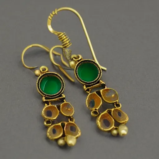 Prompt: creepy artnouveau style earrings made of gold ivory emerald