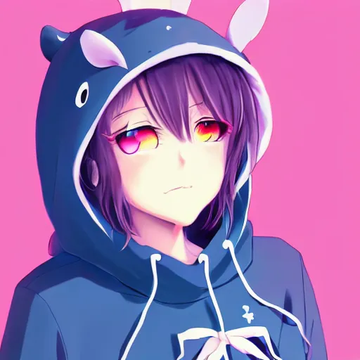 Prompt: advanced anime character art render, beautiful anime girl wearing a whale hoodie outfit , Rossdraws, WLOP , Sakimimichan