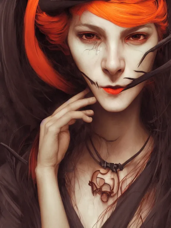 Image similar to Full shot of a mischievous young witch about to get up to some trouble. Latin American fashion. Black and Orange palette. Latina girl. brown skin. defined facial features, symmetrical facial features. By Ruan Jia and Artgerm and Range Murata and WLOP and Ross Tran and William-Adolphe Bouguereau. Key Art. Fantasy Illustration. award winning, Artstation, intricate details, realistic, Hyperdetailed, 8k resolution.