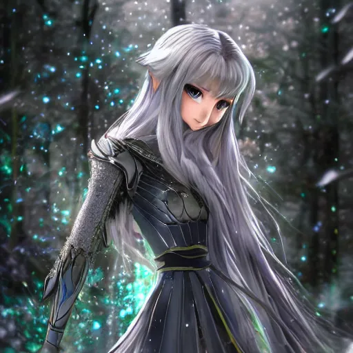 Image similar to portrait focus of knight beautiful 3D anime girl, silver Frozen ice armor wearing, dark forest background, snowing, bokeh, inspired by Masami Kurumada, digital painting, high contrast, unreal engine render, volumetric lighting, high détail