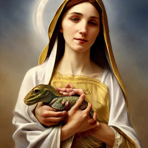 Image similar to the virgin mary holding a reptile, no baby, no baby, highly detailed, digital painting, concept art, smooth, sharp focus, illustration, surrealist, absurd, humorous, photoshop, art by artgerm and greg rutkowski and alphonse mucha