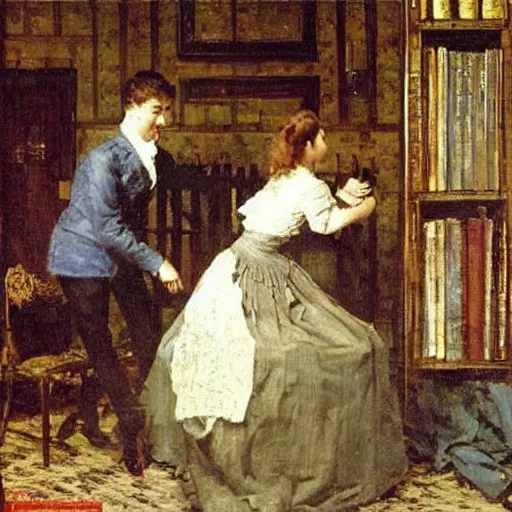 Image similar to a man and a woman solving an escape room puzzle alfred stevens