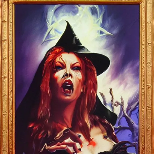 Prompt: traci lords as a witch, summoning zombies, hyper realistic, sharp focus, 4k, painting by frank frazetta