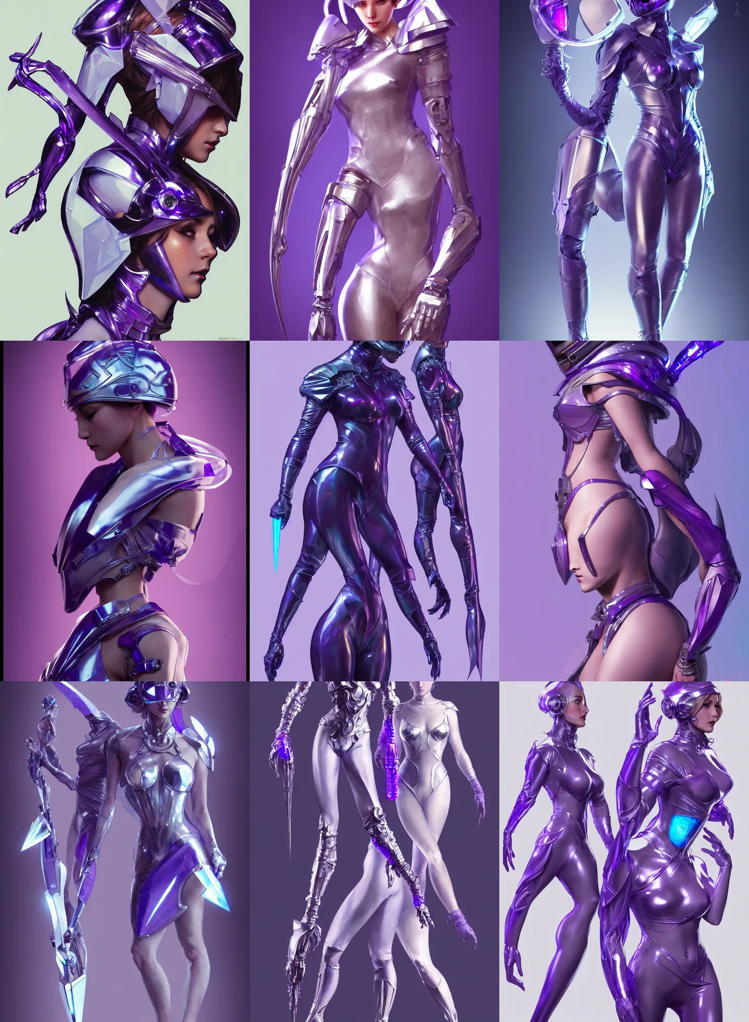 Image similar to a full body character design by artgerm, greg rutkowski and alphonse mucha. sci - fi dagger. laser and bluish violet translucent plastic tape project show attctive showgirl!! sci - fi helmet!! sharp edges. ultra clear detailed. contour light effect!! 8 k. ultra detailed, elegant, intricate, octane render.