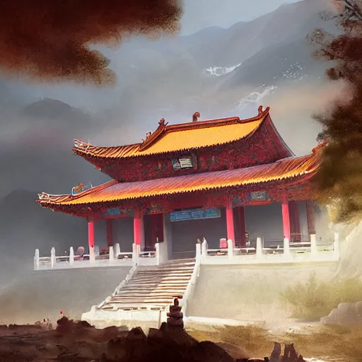 Image similar to A digital painting of a chinese temple in the mountains, by Greg Rutkowski, trending on Artstation