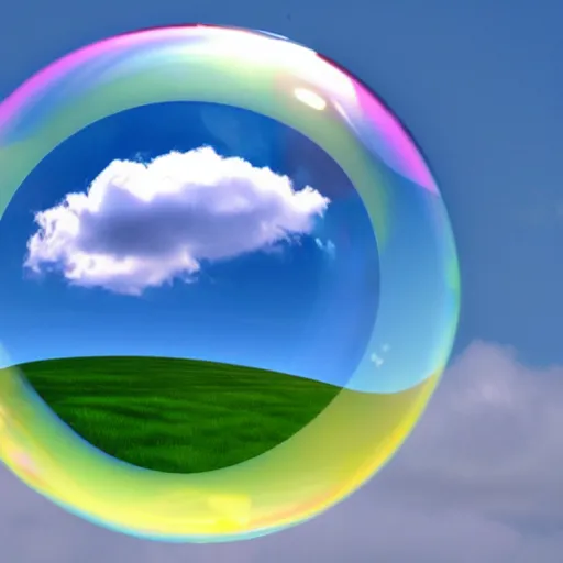 Prompt: A photograph of the Windows XP Bliss wallpaper inside of a giant floating soap bubble, floating in a blue and cloudy sky.