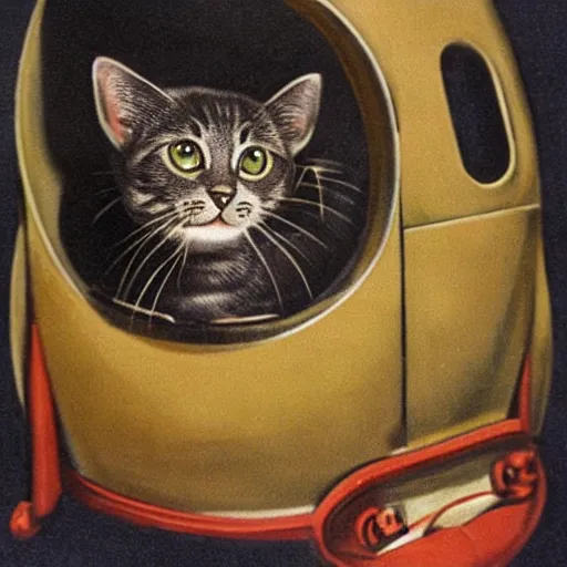 Prompt: photorealistic photograph from the 1940s of a kitty in a spaceship, realism, 1940s