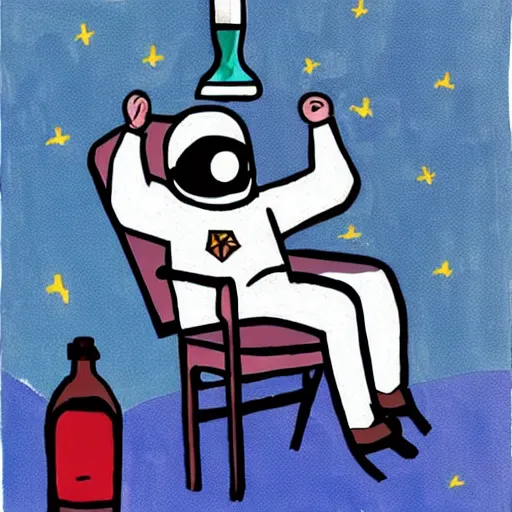 Prompt: astronaut relaxing on a chair with a bottle in the style of albright, ivan