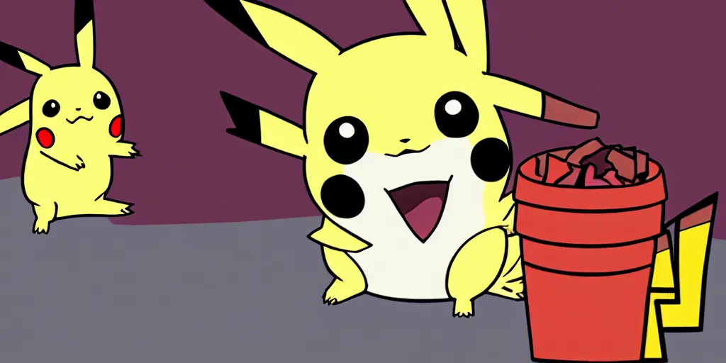 Prompt: pikachu devouring a dog, sharp teeth burtal eyes scary mouth dark room red candles trash bin