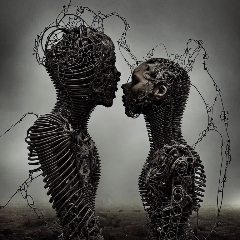 Prompt: portrait of abandoned ribbed organic biomechanical sculpture of two kissing cyborgs, covered with wires, spines, roots, ash, mold, meat, baroque painting, standing in a desolate empty wasteland, creepy, nightmare, dream-like heavy atmosphere, dark fog, surreal abandoned buildings, baroque painting, beautiful detailed intricate insanely detailed octane render trending on Artstation, 8K artistic photography, photorealistic, volumetric cinematic light, chiaroscuro, zoomed out, fisheye, Raphael, Caravaggio, Beksinski, Giger BW