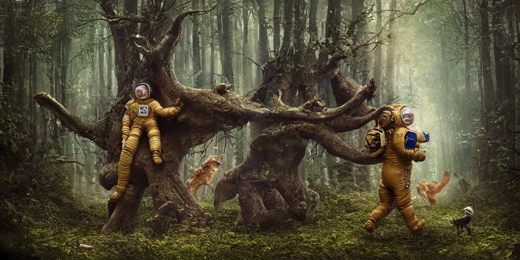 Prompt: an astronaut next to a strange furry six legged creature in a forest, a detailed matte painting by frieke janssens, featured on cgsociety, fantasy art, matte painting, reimagined by industrial light and magic, matte drawing