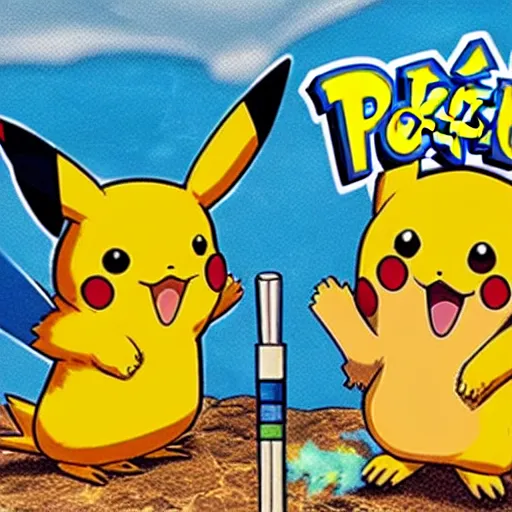 Image similar to pokemon card of : pikachu smoking a fat blunt with ash sitting on a rock next to a river, bright blue sky colorful detailed drawing