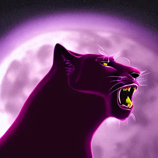 Image similar to render of a large purple panther at night roaring at night. moon in background digital drawing, illustration, 4 k, highly detailed, matte painting, artstation, artistic, realistic, dramatic, dark.