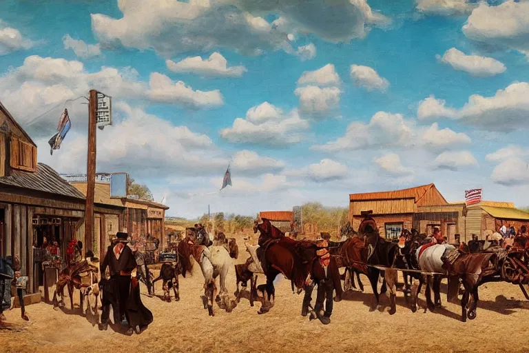 Prompt: a busy main street in the old west with the banker - phillip - seymour - hoffman and two rugged bandits, in the style of an oil painting, realistic, detailed