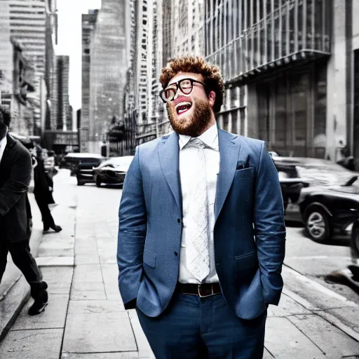 Image similar to seth rogan on a street wearing a suit, laughing, portrait, realistic, city street, detailed, depth of field, sharp focus