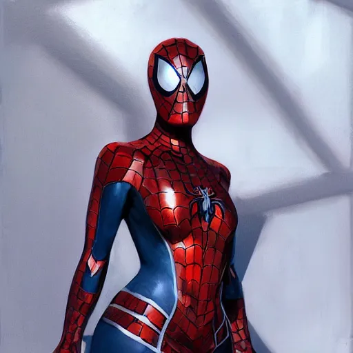 Image similar to greg manchess portrait painting of partially armored female iron spiderman as overwatch character, medium shot, asymmetrical, profile picture, organic painting, sunny day, matte painting, bold shapes, hard edges, street art, trending on artstation, by huang guangjian, gil elvgren, ruan jia, greg rutkowski, gaston bussiere