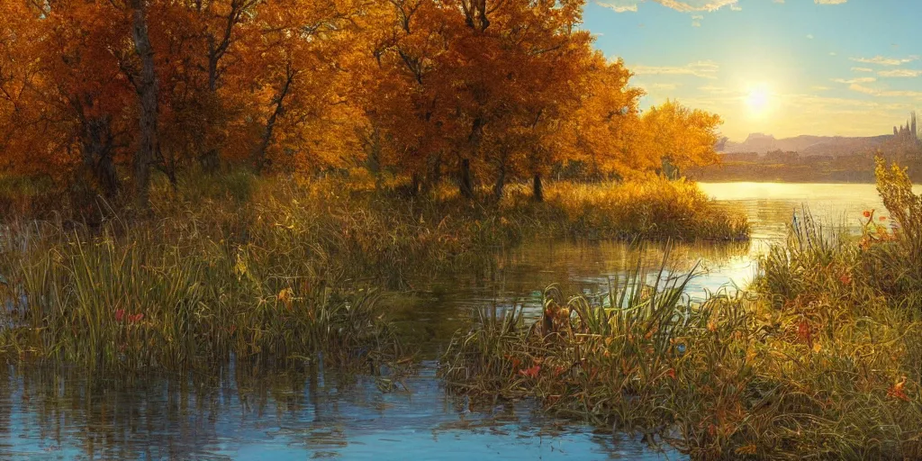 Prompt: a beautiful lake landscape in autumn, romantic ambiente, no people, reed on riverbank, no mountains, clear sky, sunshine, colorful, by Mohrbacher and Moebius and Alphonse Mucha and Roger Deakins, cinematic lighting, masterpiece, highly detailed, 8k resolution, trending on art station