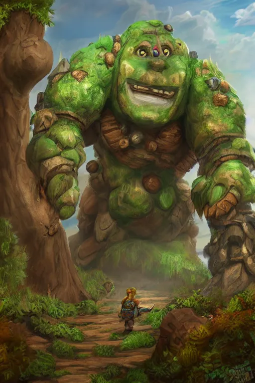 Image similar to zelda fantasy art giant golem troll wood rock greeble gemstone, global illumination ray tracing hdr fanart arstation by sung choi and eric pfeiffer and gabriel garza and casper konefal