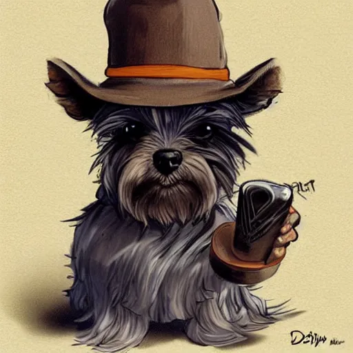 Image similar to detective yorkshire terrier wearing a fedora, disney eyes, in a dark alley, by D&D Concept Artists