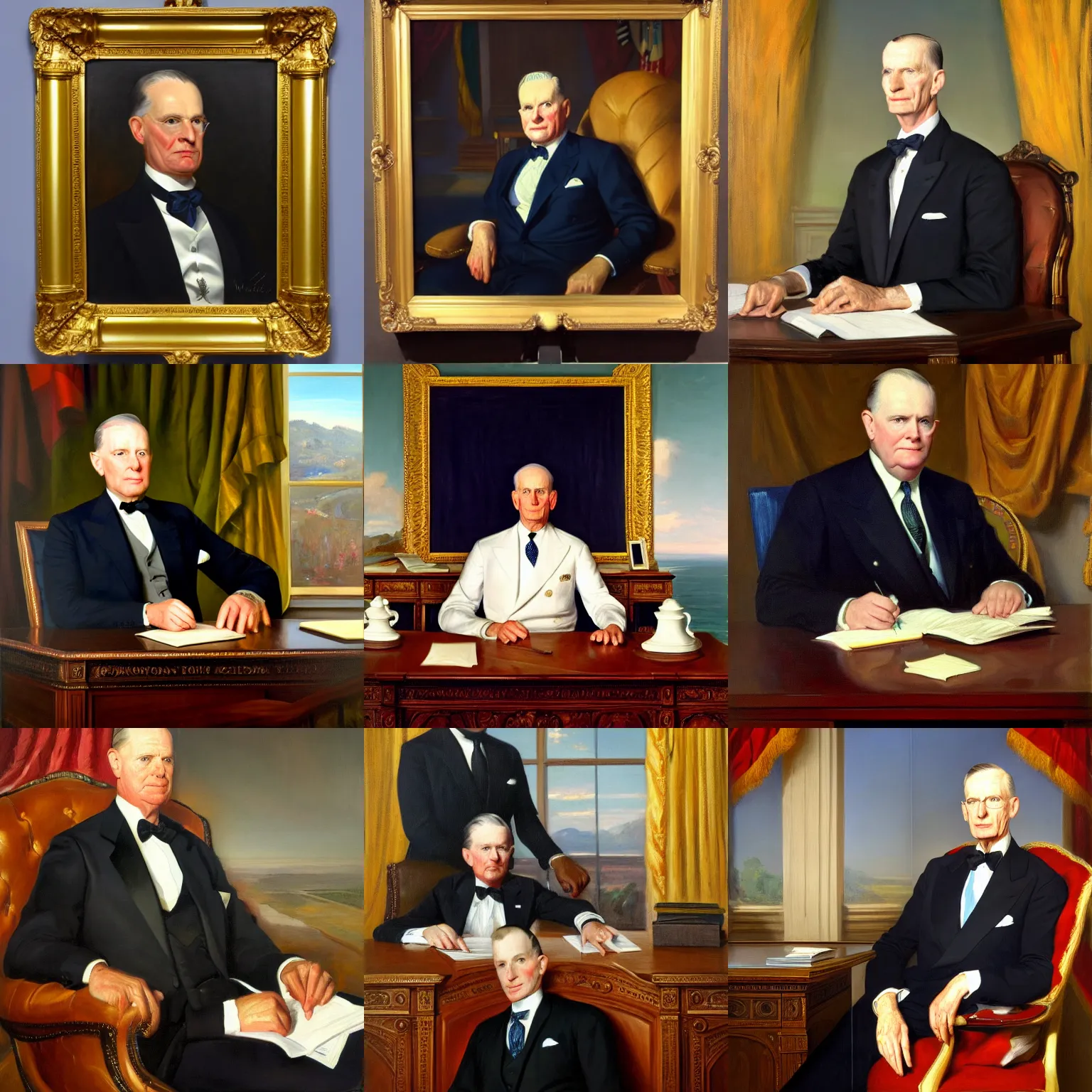 Prompt: portrait of united states president smithers mccormack barrington iv, 1 9 5 6. sitting at the resolute desk. oil on canvas by william sidney mount. trending on artstation